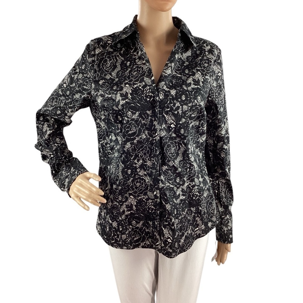 Charter Club Black White Floral Stretch Button Down Shirt Size 10